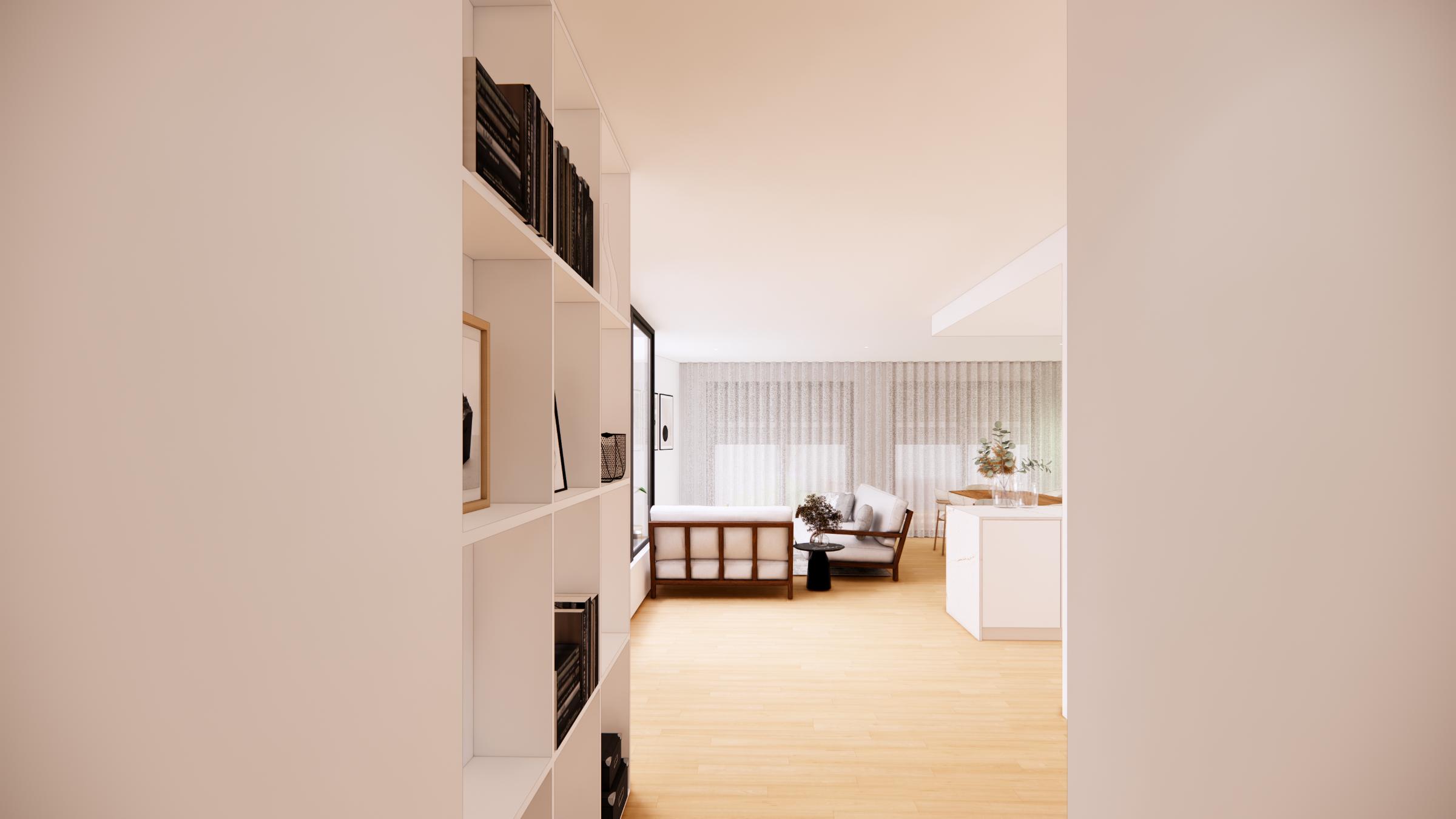 enquadra-moirinho3-3 Foto do corredor que leva ao open space das salas de estar, de jantar e cozinha